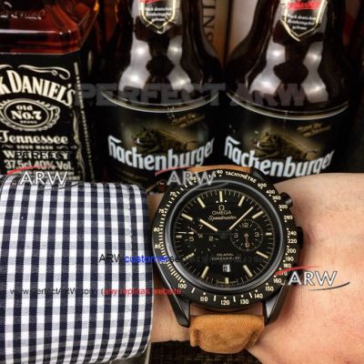 Perfect Replica Omega Speedmaster Black Dial Yellow Leather Watch 